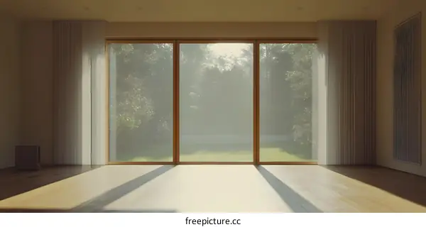Large Window With Sheer Curtains And Sunlight Streaming In