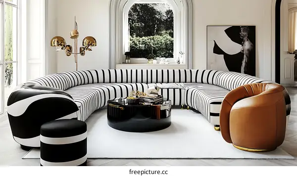 Modern Black and White Striped Sectional Sofa Living Room