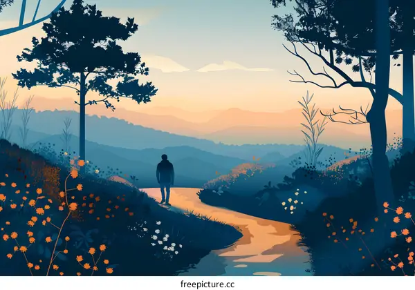 Silhouette of Man Standing in a Beautiful Mountain Valley Landscape