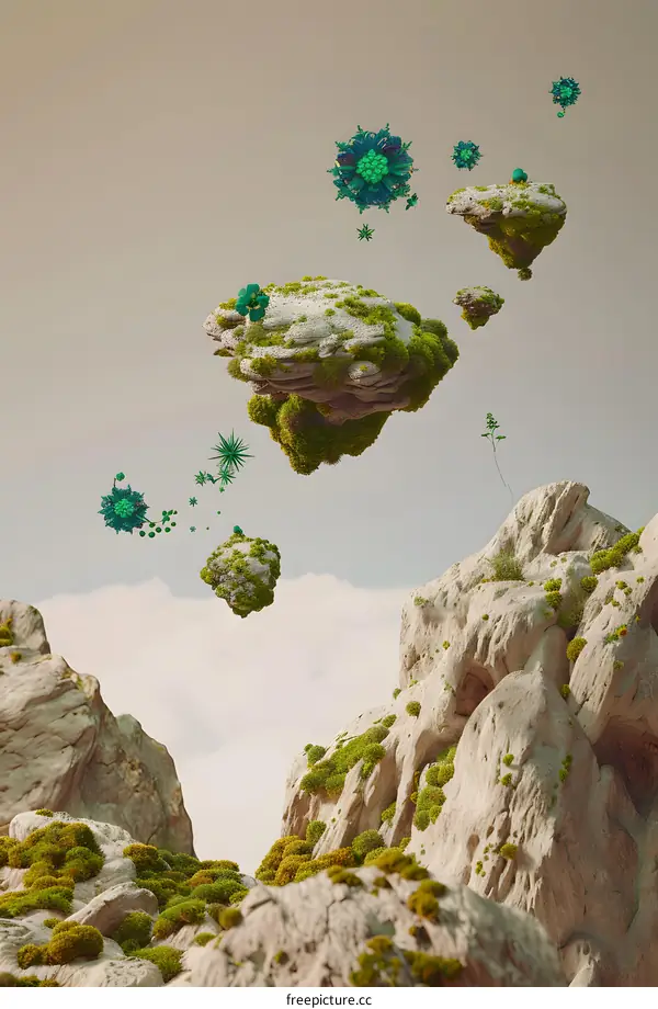 Floating Rocks and Green Plants in a Surreal Landscape