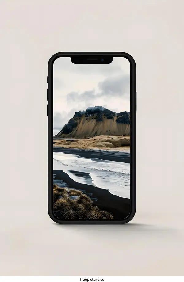 Black Sand Beach Landscape on a Smartphone Screen