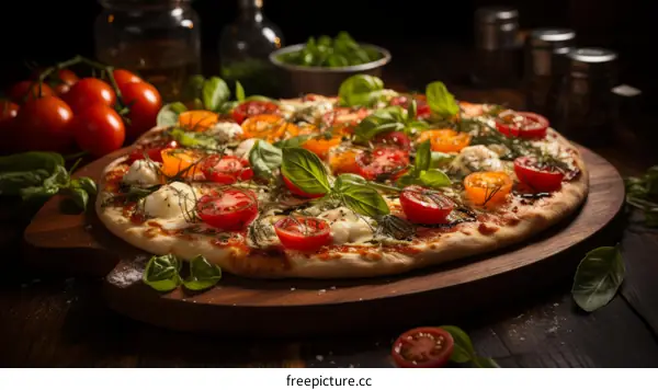 Close-up of a delicious pizza with tomatoes, basil, and cheese