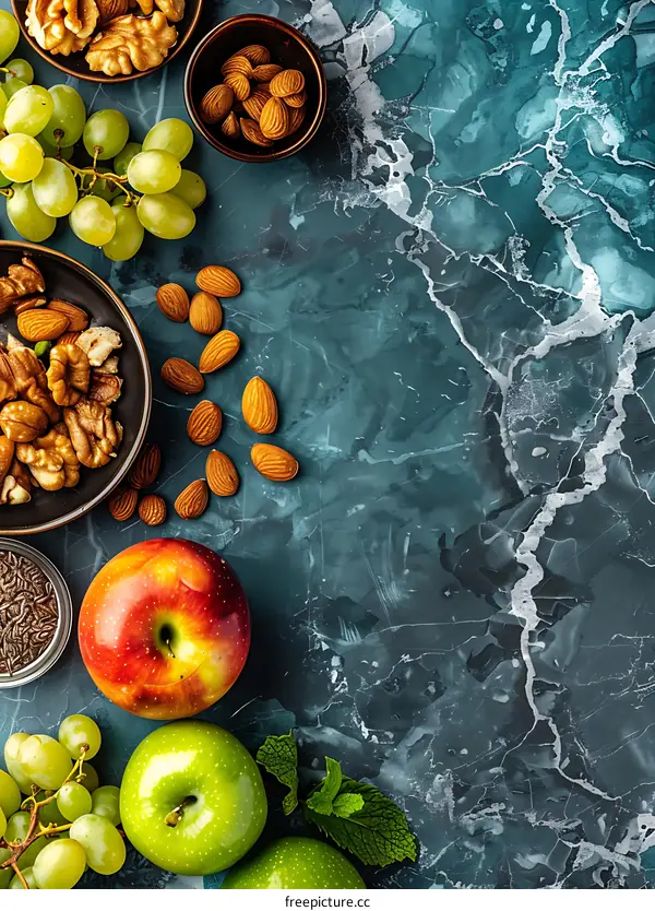 Green Grapes Walnuts and Almonds on Blue Background
