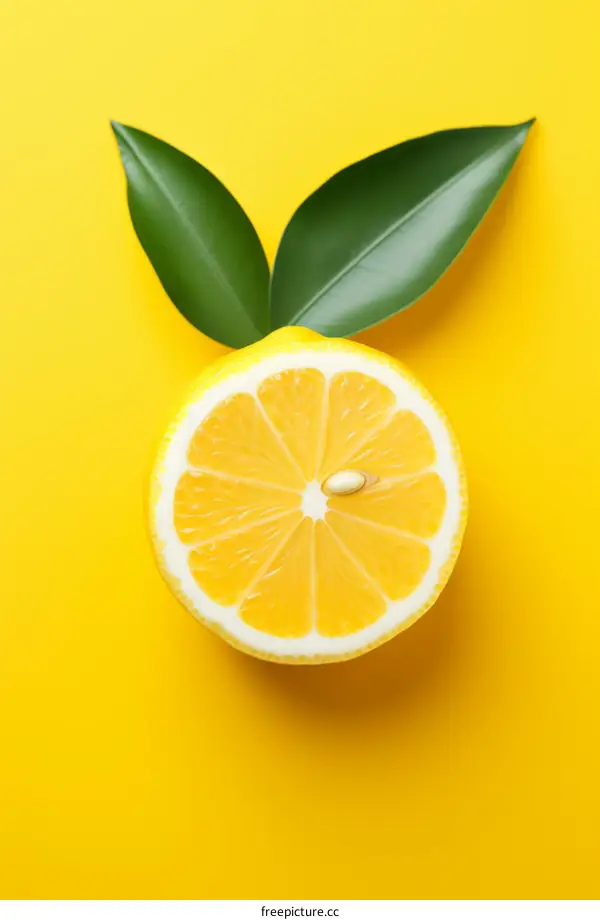 Half a Lemon with Green Leaves on a Vibrant Yellow Background