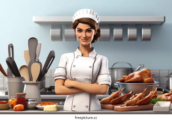 A female chef is standing in a kitchen with a roasted turkey on the table.