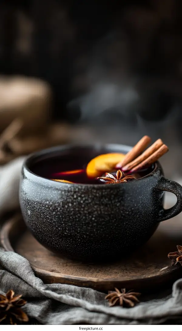 Warm Festive Mulled Wine in a Dark Mug