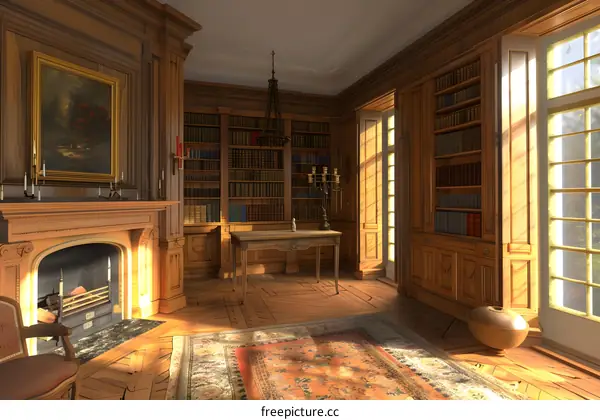 Classic Wooden Library Interior With Fireplace And Bookshelves