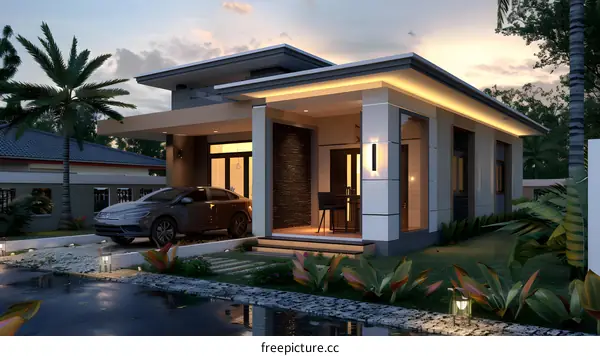 Modern House Design with Car and Palm Trees