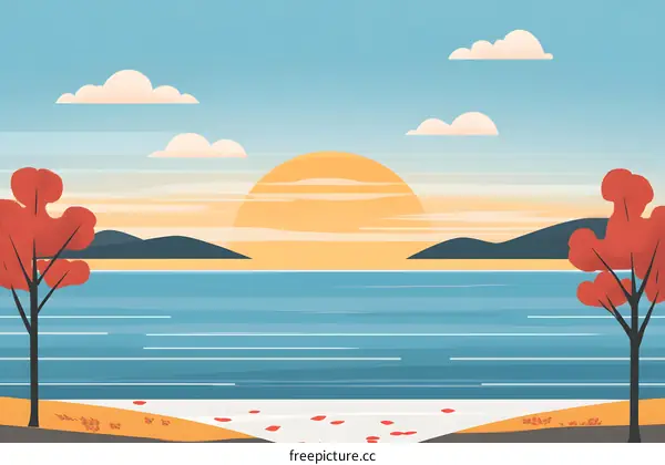 Simple Illustration of a Sunset Over a Lake with Two Trees on the Shores