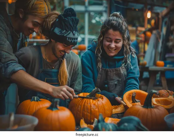 Three people carving pumpkins in barn
