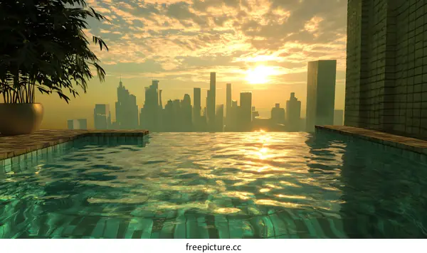 Infinity Pool Rooftop View of City Skyline at Sunset