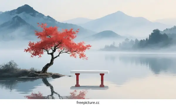 A serene mountain lake with a red maple tree and a white bench