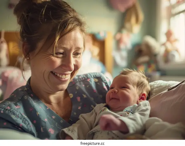 A smiling Caucasian mother holds her newborn baby in her arms