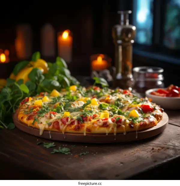 A delicious pizza with melted cheese, bell peppers, and basil