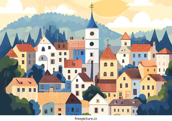 Colorful European Town Illustration