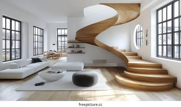 Modern Wooden Spiral Staircase in a Bright Living Room