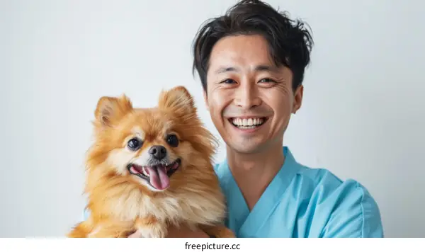Asian veterinarian smiling with a small dog