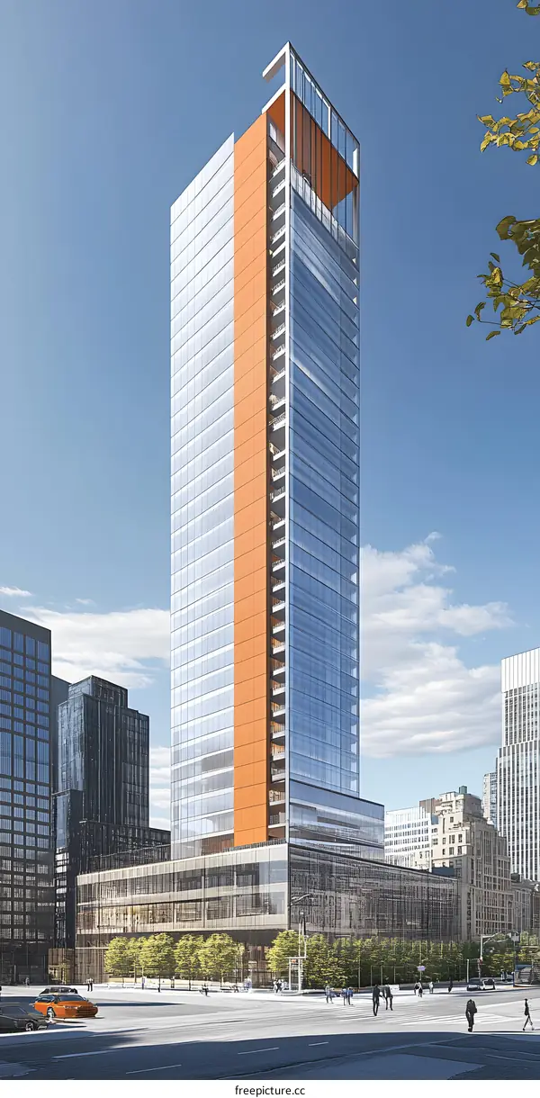 Modern Skyscraper Building with Glass and Orange Facade