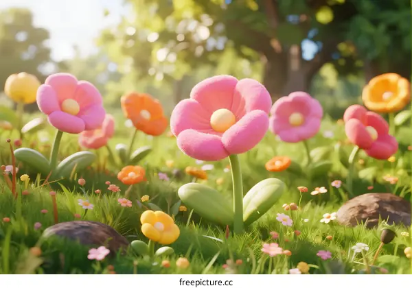 Cute Pink and Orange Flowers in Lush Green Garden