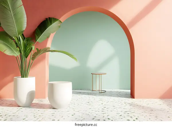 Minimalist Interior Design with Archway and Green Plants