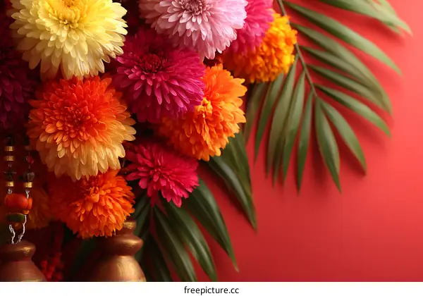 Colorful Chrysanthemum Floral Arrangement with Tropical Leaf