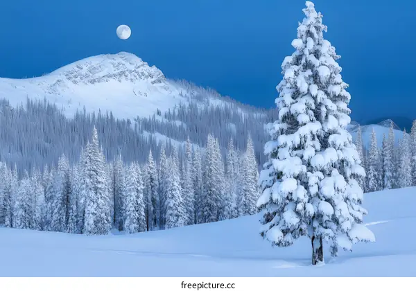 Snowy Mountain Landscape with Full Moon and Pine Trees