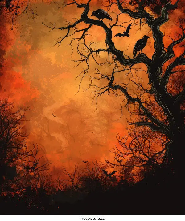 Black crows on a dead tree with bats flying around in an orange sky