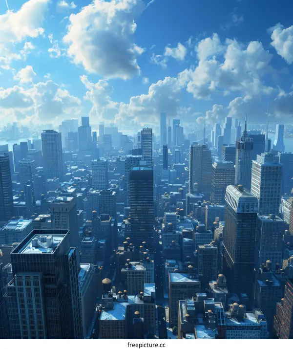 Cityscape Metropolis with Soaring Skyscrapers Under Clear Blue Skies