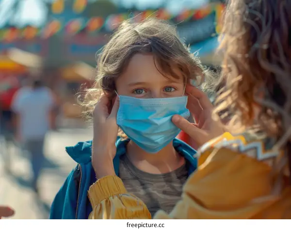 Mother putting a mask on her child's face