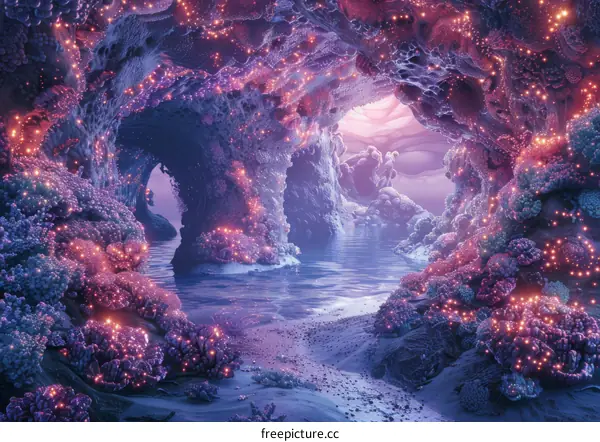 Fantasy Landscape with Glowing Mushrooms and Crystalline Lake