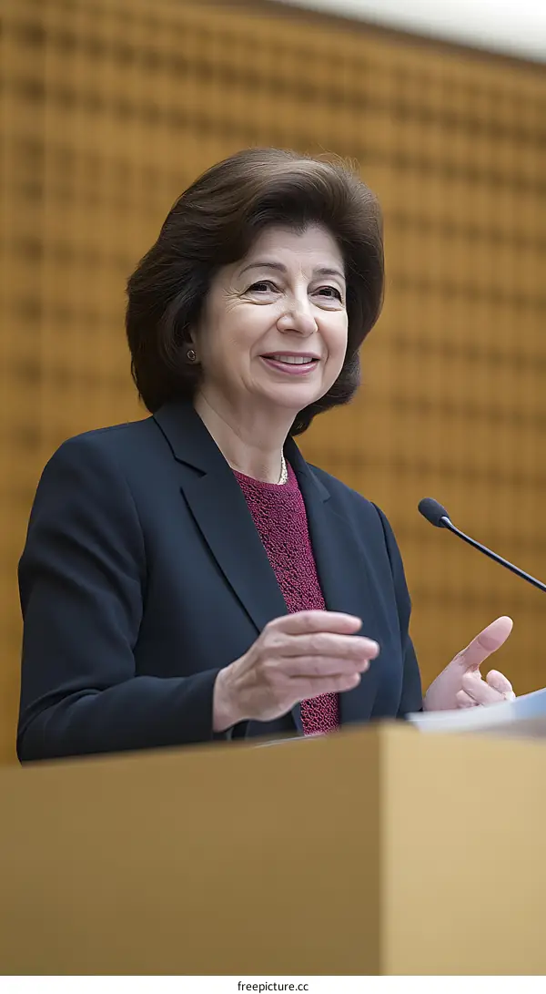 Woman in Suit Giving Speech at Podium
