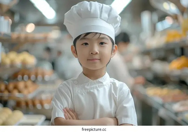 Portrait of a young Asian boy in a chef's uniform