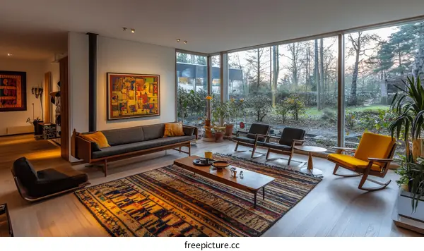 Mid-Century Modern Living Room with Large Windows