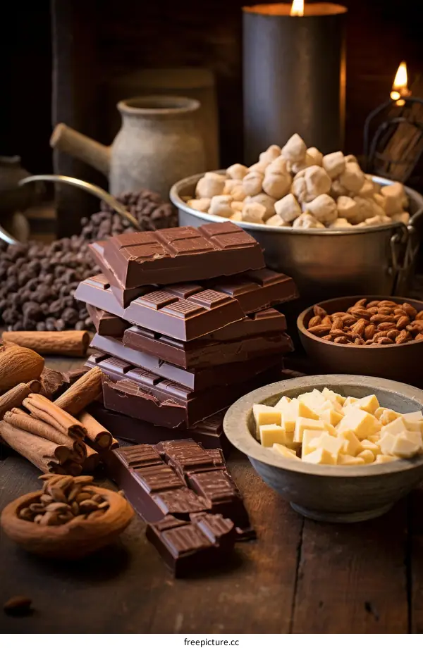 A variety of chocolate bars and pieces with bowls of nuts and spices