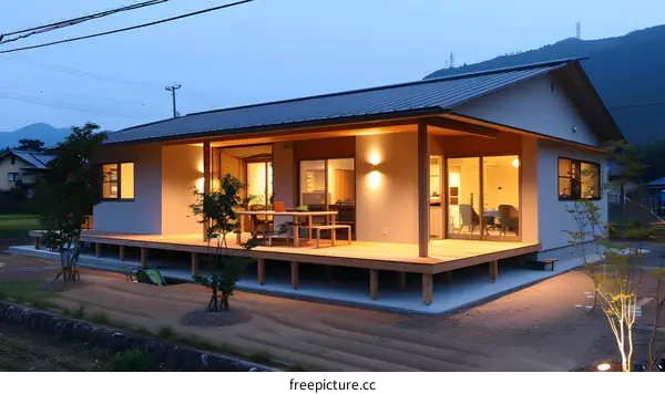Modern Japanese House With Wooden Deck And Mountain View