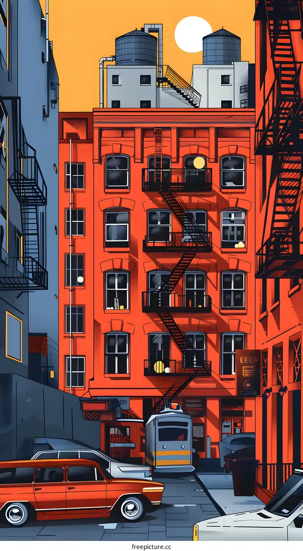 Vintage Cityscape Illustration with Red Brick Buildings and a Tram