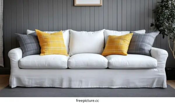 White Linen Sofa with Mustard Yellow and Grey Cushions