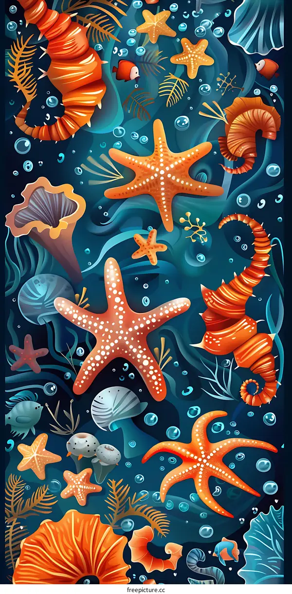 Sea Life Pattern Illustration with Starfish, Seaweed, Seahorses and Shells