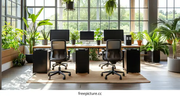 Two empty chairs in a lush green office space