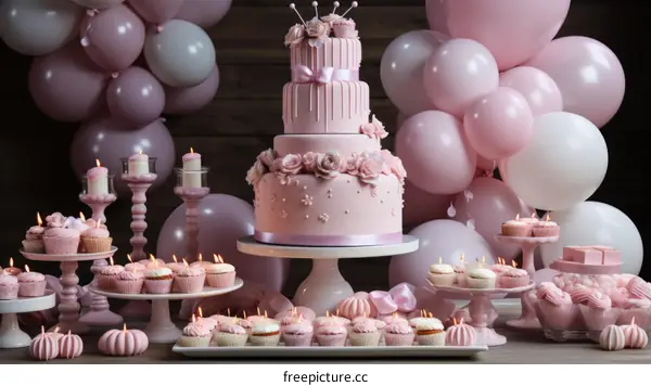 Pink and white birthday party decoration with a cake and cupcakes