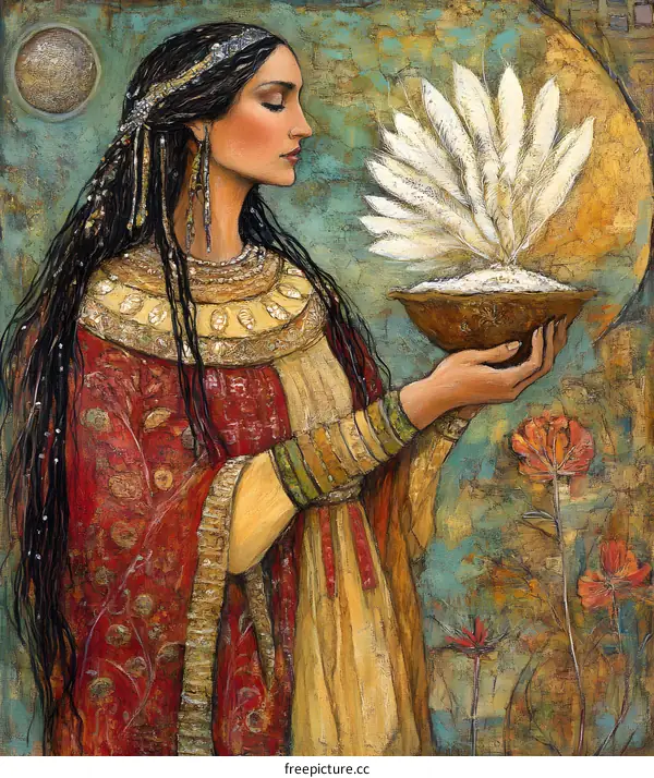 Woman Holding Bowl with White Feathers