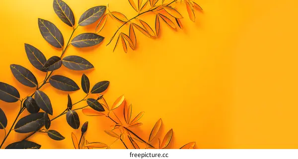 Golden Leaves on Yellow Background