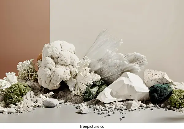 White Cauliflower and Rocks on Sand