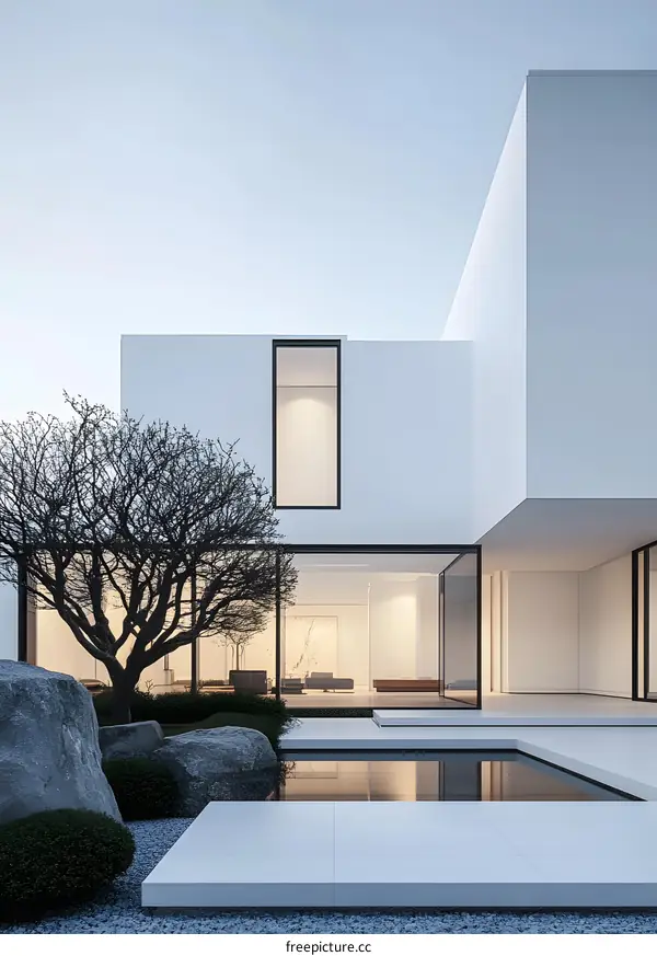 Modern Minimalist Architecture Design with a Pool and Stone Garden