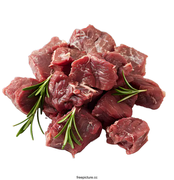 [Transparent Background PNG]Raw Beef Cubes with Rosemary on White Background