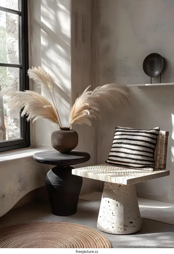 Minimalist Home Decor with Dried Pampas Grass in a Vase on a Black Table