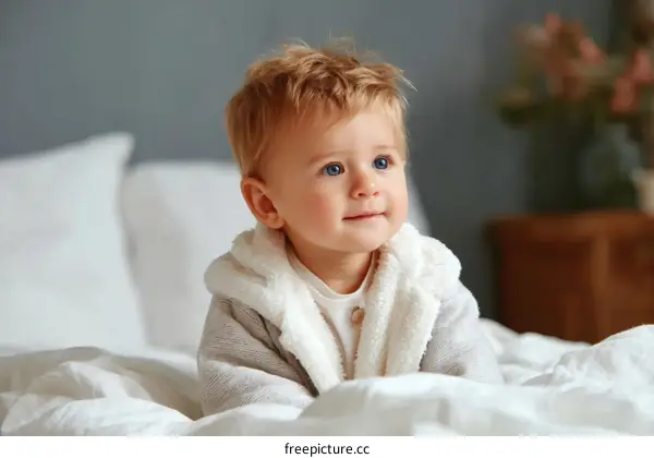 Adorable Baby Boy in Cozy Robe on a Bed