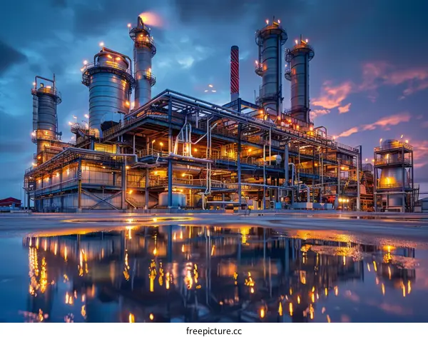 Oil Refinery at Dusk with City Lights Reflecting Off Water