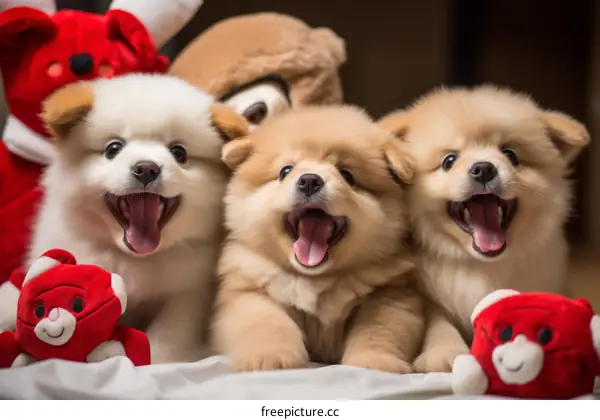Three happy puppies with red and brown teddy bears