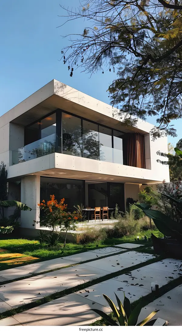 Modern Concrete House with Large Windows and Patio